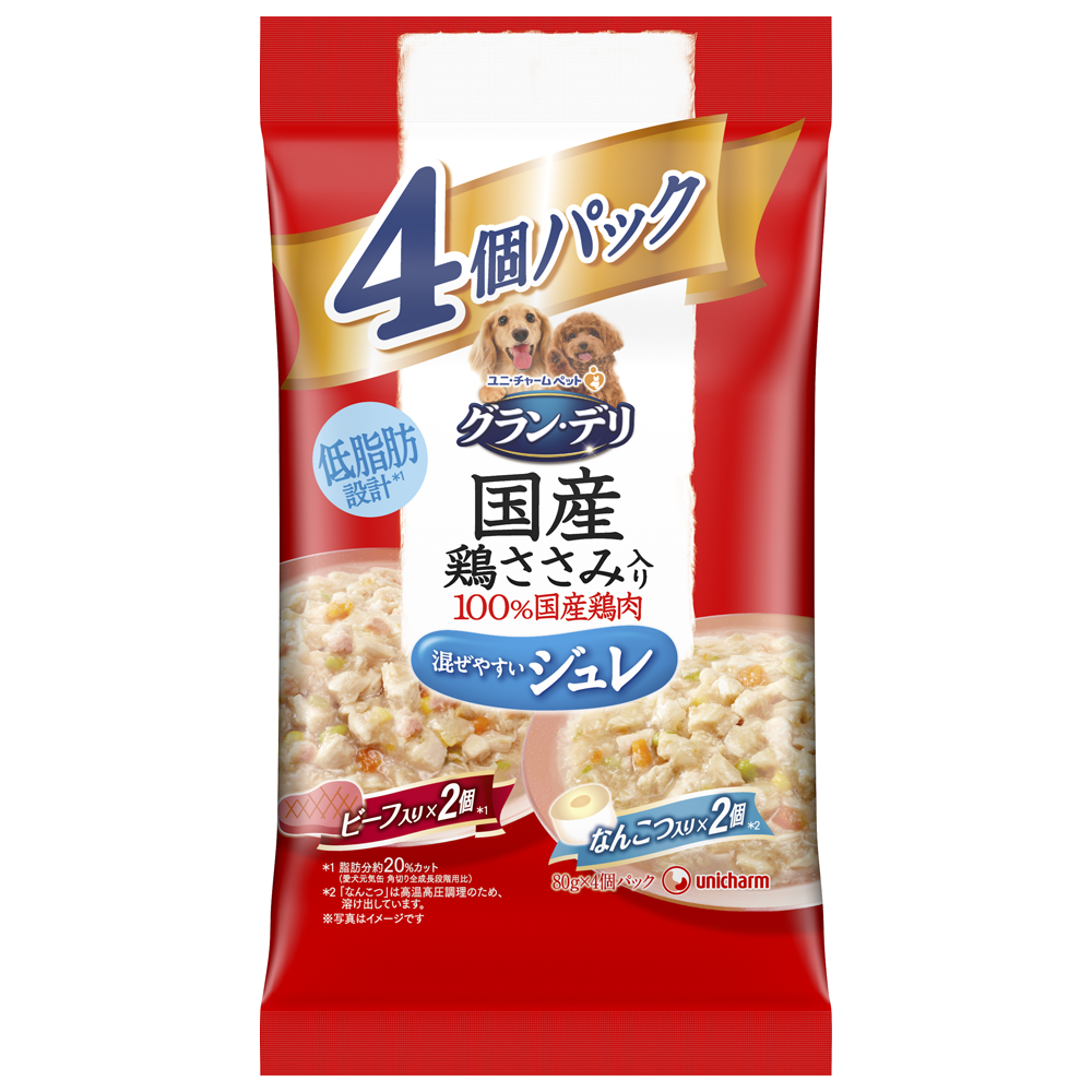 グラン･デリ 国産鶏ささみパウチジュレ成犬用4個パックビーフ･なんこつ 80g×4個